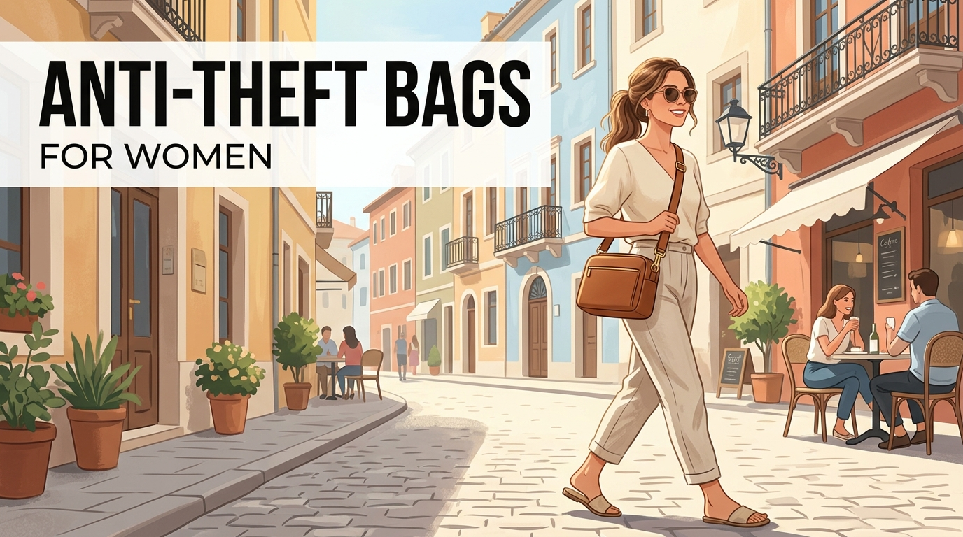 Anti-theft bag for women - stylish woman wearing a secure crossbody bag while travelling