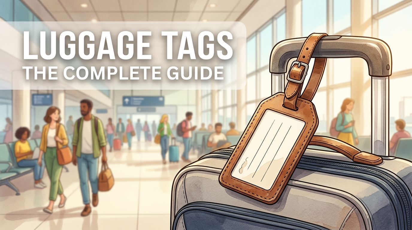 Luggage tags guide - leather luggage tag attached to a suitcase handle at the airport