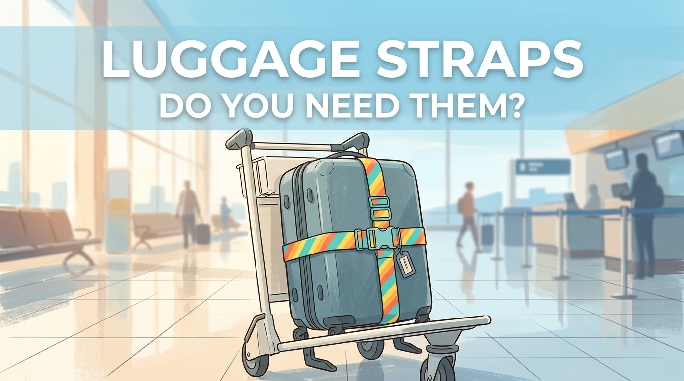 Luggage straps guide - brightly coloured strap wrapped around a suitcase at the airport