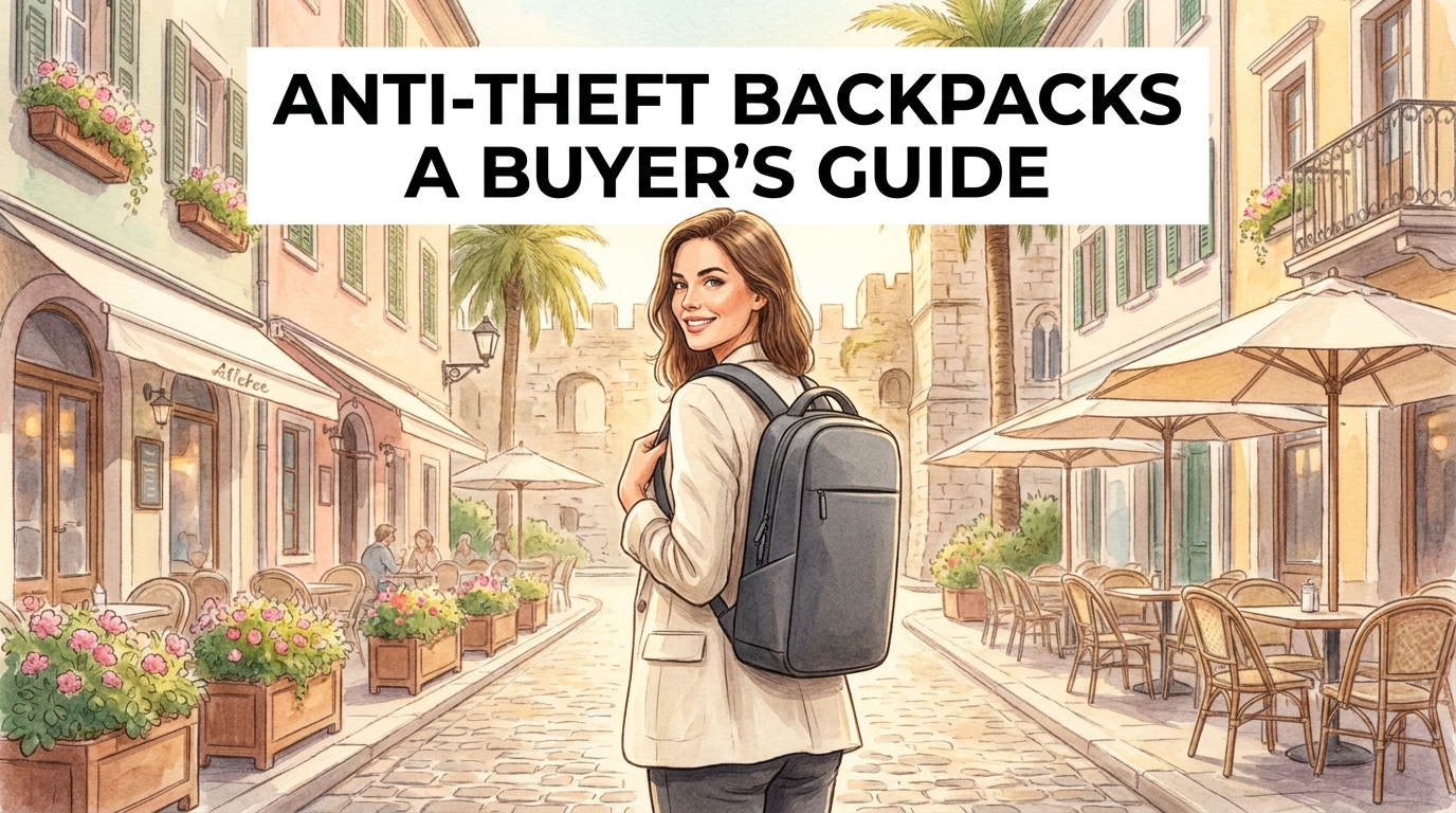 Woman wearing a stylish anti-theft backpack while exploring a city street